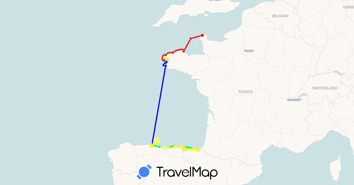 TravelMap itinerary: driving, barbotage #1, barbotage #2, barbotage #3, barbotage #4 in Spain, France, Guernsey (Europe)