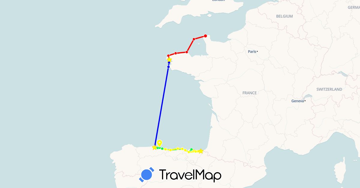 TravelMap itinerary: driving, barbotage #1, barbotage #2, barbotage #3, barbotage #4 in Spain, France, Guernsey (Europe)